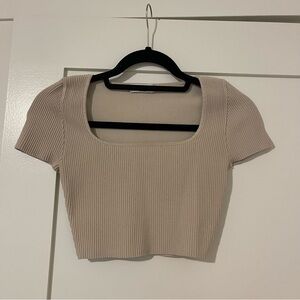 Aritzia Babaton Beige Ribbed Square Neck Crop Top